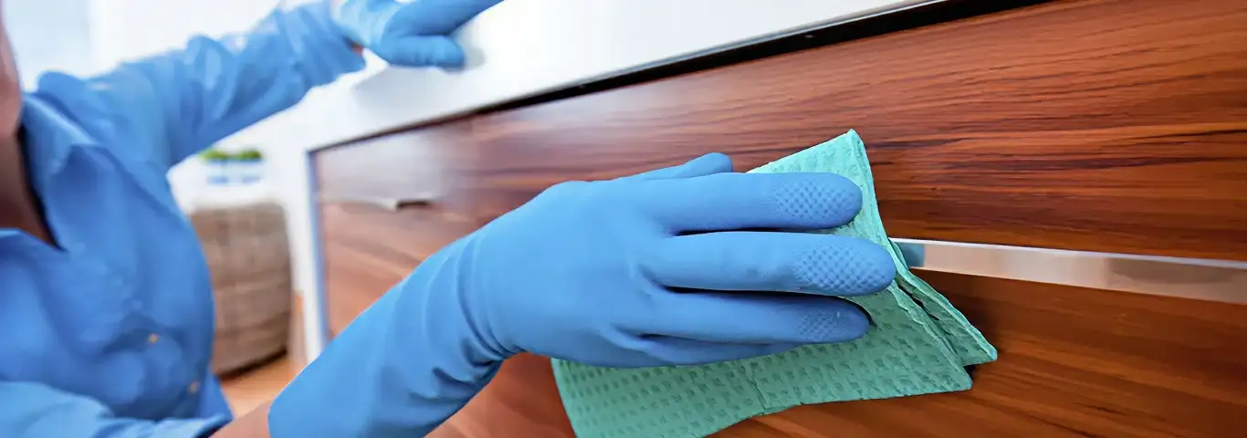 Cleaner wearing blue gloves wiping a wooden cabinet drawer with a microfiber cloth for dust and grime removal, Boise, ID.