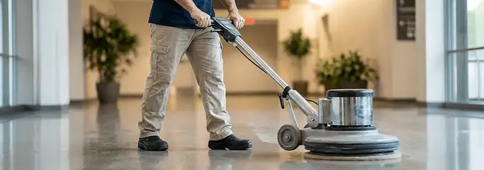 Professional technician using an industrial floor buffer to polish and maintain shiny commercial flooring in a corporate hallway in Boise, ID.