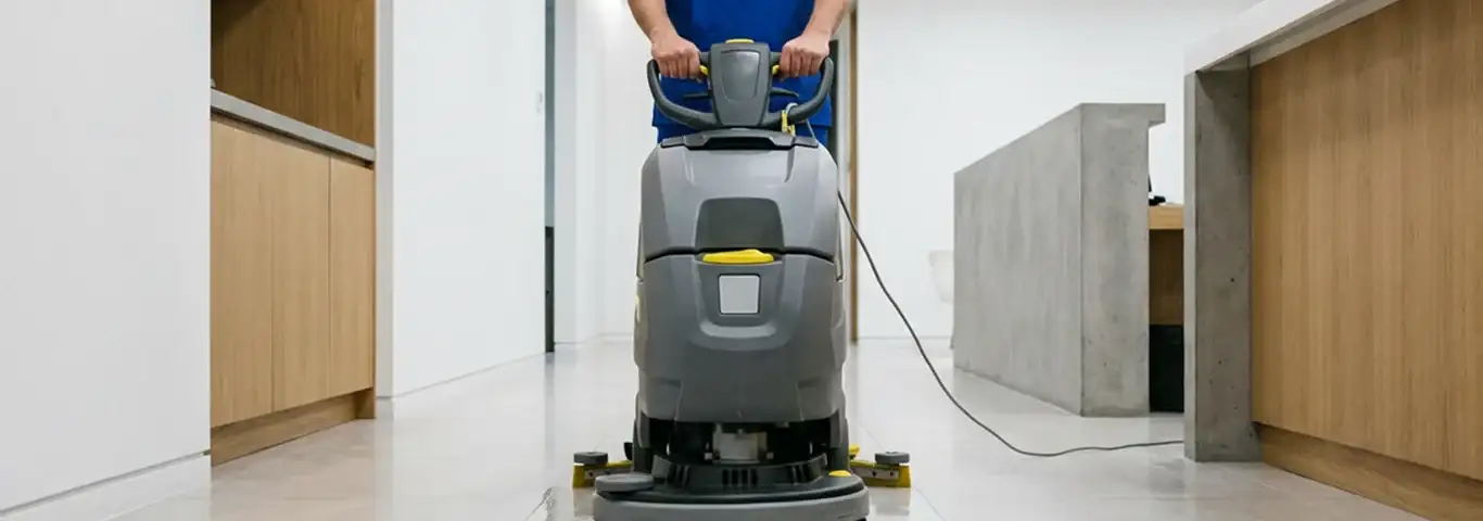 Janitorial staff using a floor scrubber machine to clean a commercial hallway, Boise, ID.