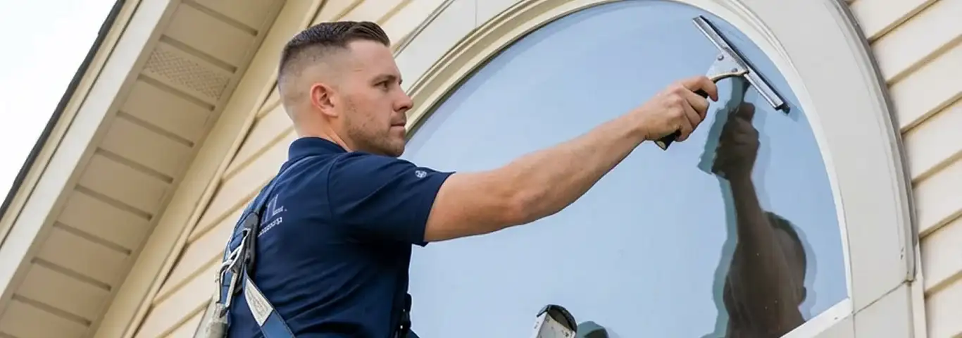 Professional window cleaner using a squeegee to clean an exterior arched window on a home, Boise, ID.