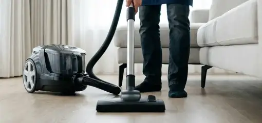 Professional house cleaner vacuuming a living room floor with a canister vacuum cleaner, Boise, ID.