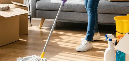 Move-out cleaning setup with a cleaner mopping hardwood floors near moving boxes and cleaning supplies, Boise, ID.