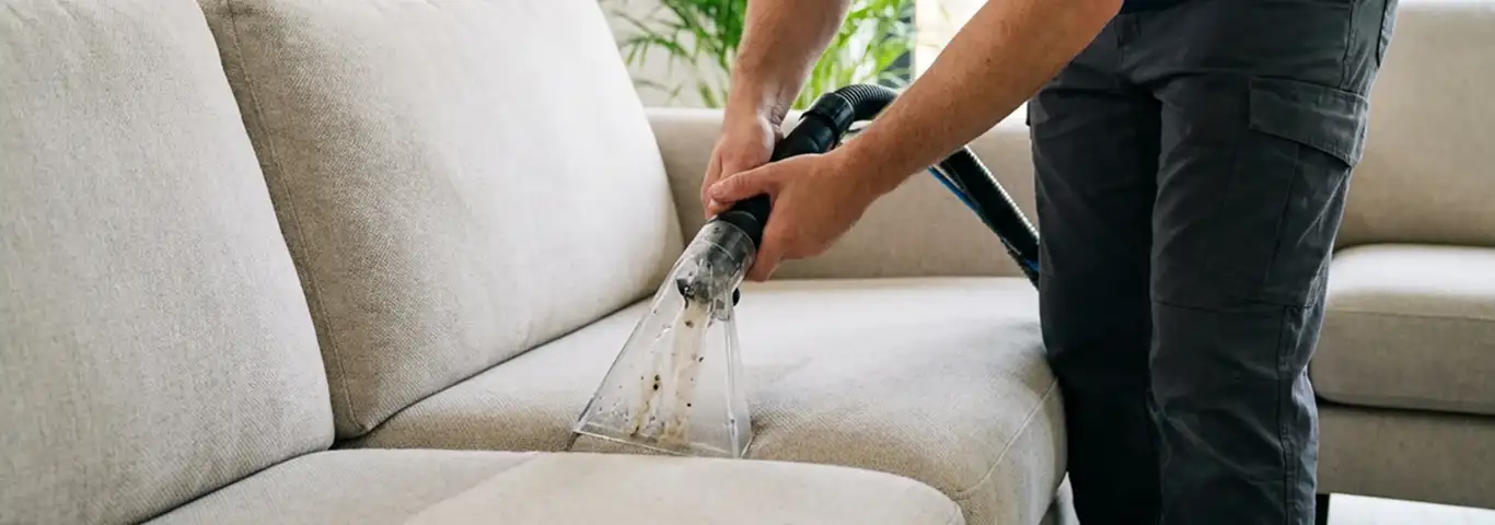 Technician extracting dirt and moisture from a fabric sofa with an upholstery cleaning wand, Boise, ID.