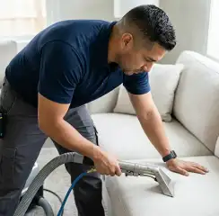 Professional upholstery cleaning technician using an extraction wand to deep-clean a fabric sofa, Boise, ID.