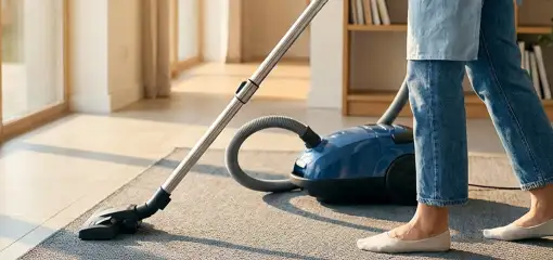 Person vacuuming a living room rug with a canister vacuum cleaner near large windows, Boise, ID.